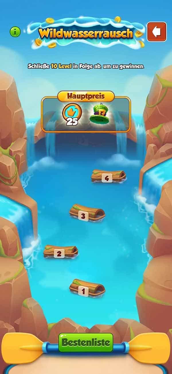 Vorschau auf das Wildwasserrausch Event in Coin Master mit Spins und Juwelen Belohnungen