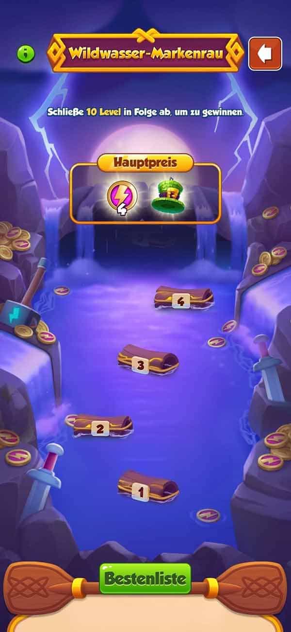 Vorschau auf das Wildwasserrausch Event in Coin Master mit Spins und Juwelen Belohnungen