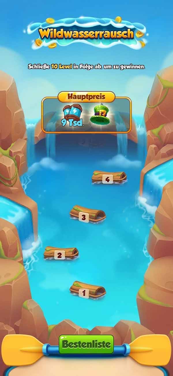Vorschau auf das Wildwasserrausch Event in Coin Master mit Spins und Juwelen Belohnungen